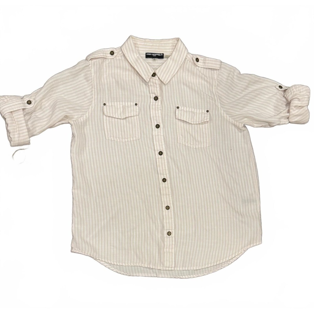 Karl Lagerfeld Paris Pink & White Striped Button-Up Shirt Rolled sleeves, sz Med